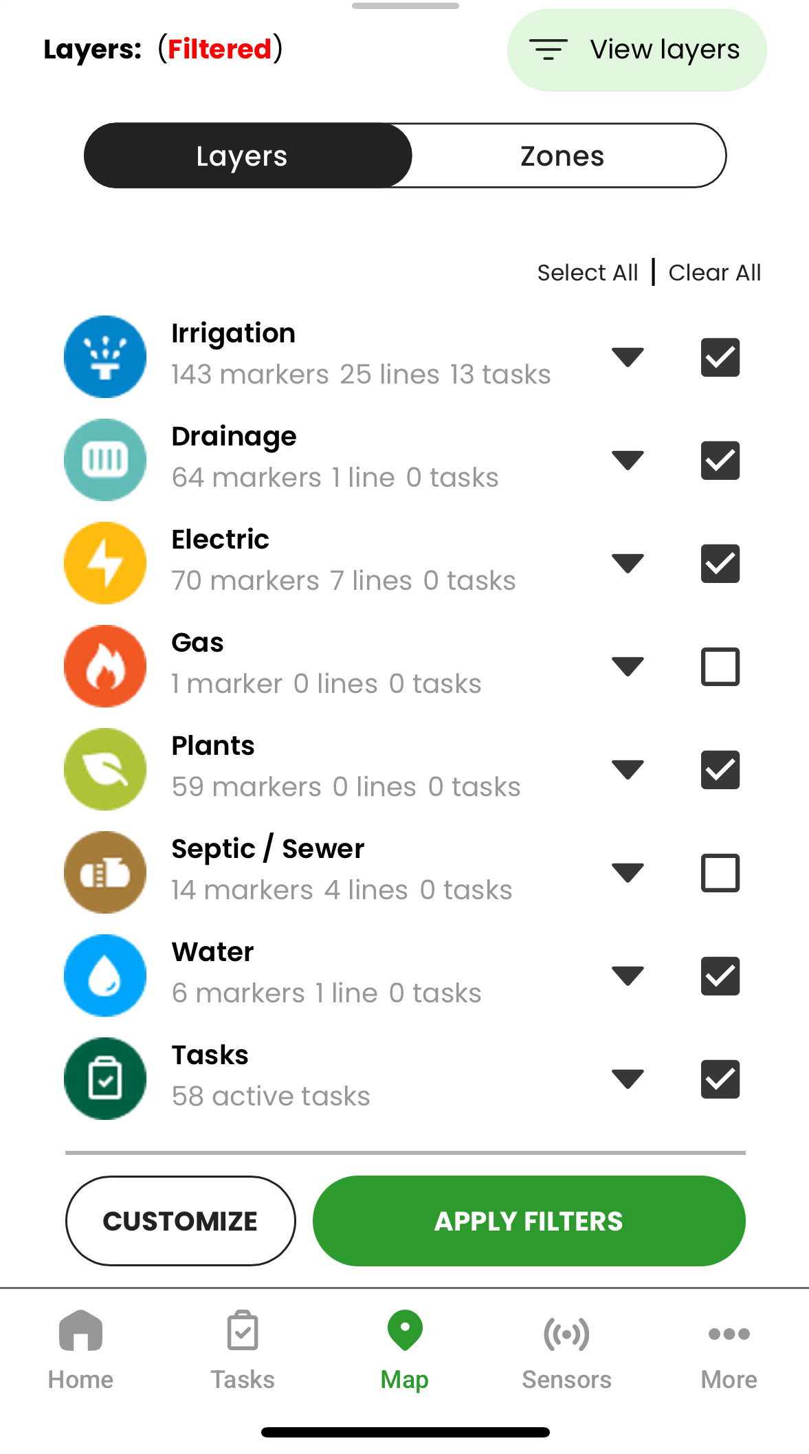 YardPro app showing the map layers panel